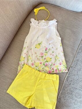 Girls Floral Sleeveless Top with Yellow Bow Shorts Set and headband